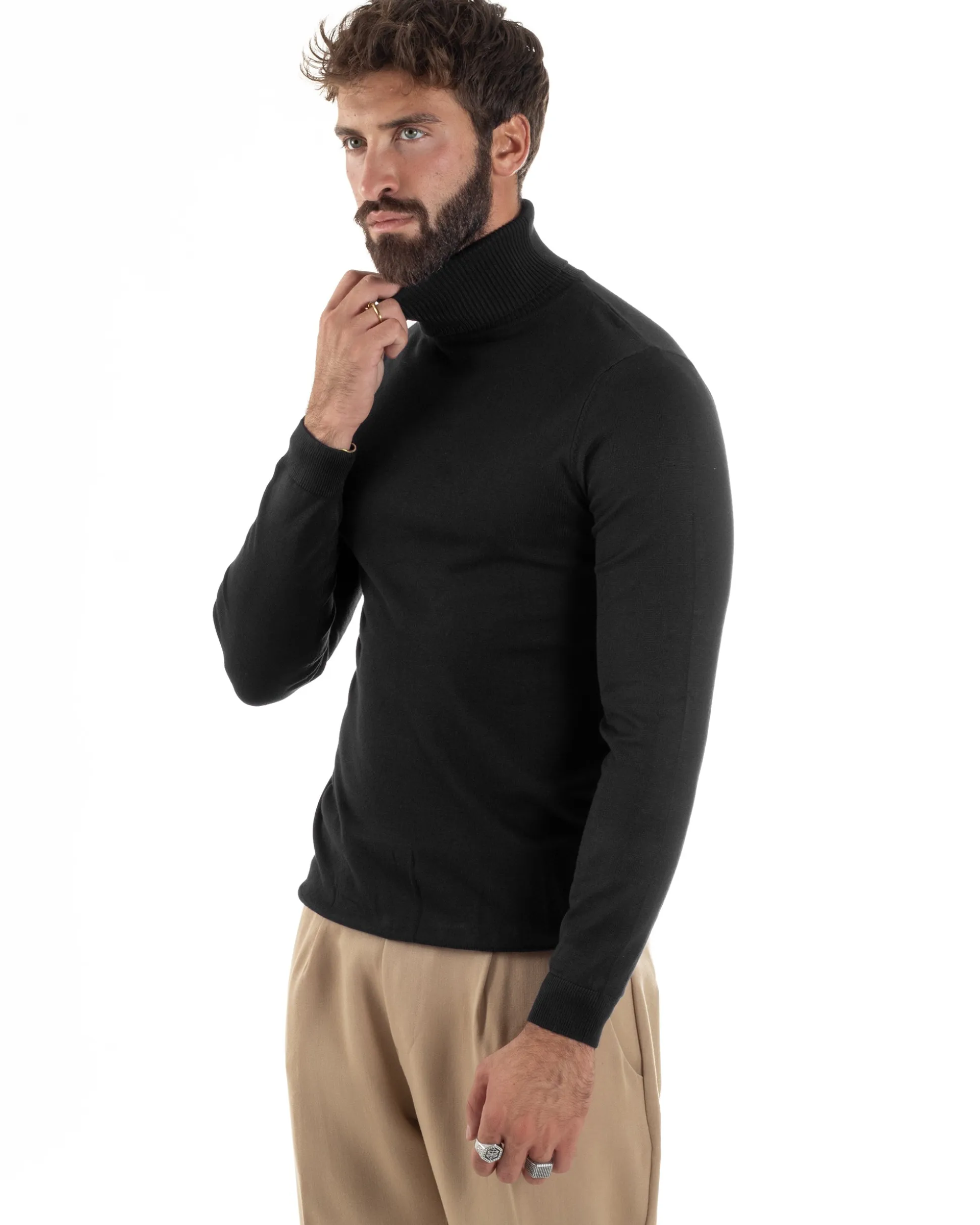 Maglioncino Uomo Collo Alto Maglia Rasata Dolcevita Basic Nero M2538A
