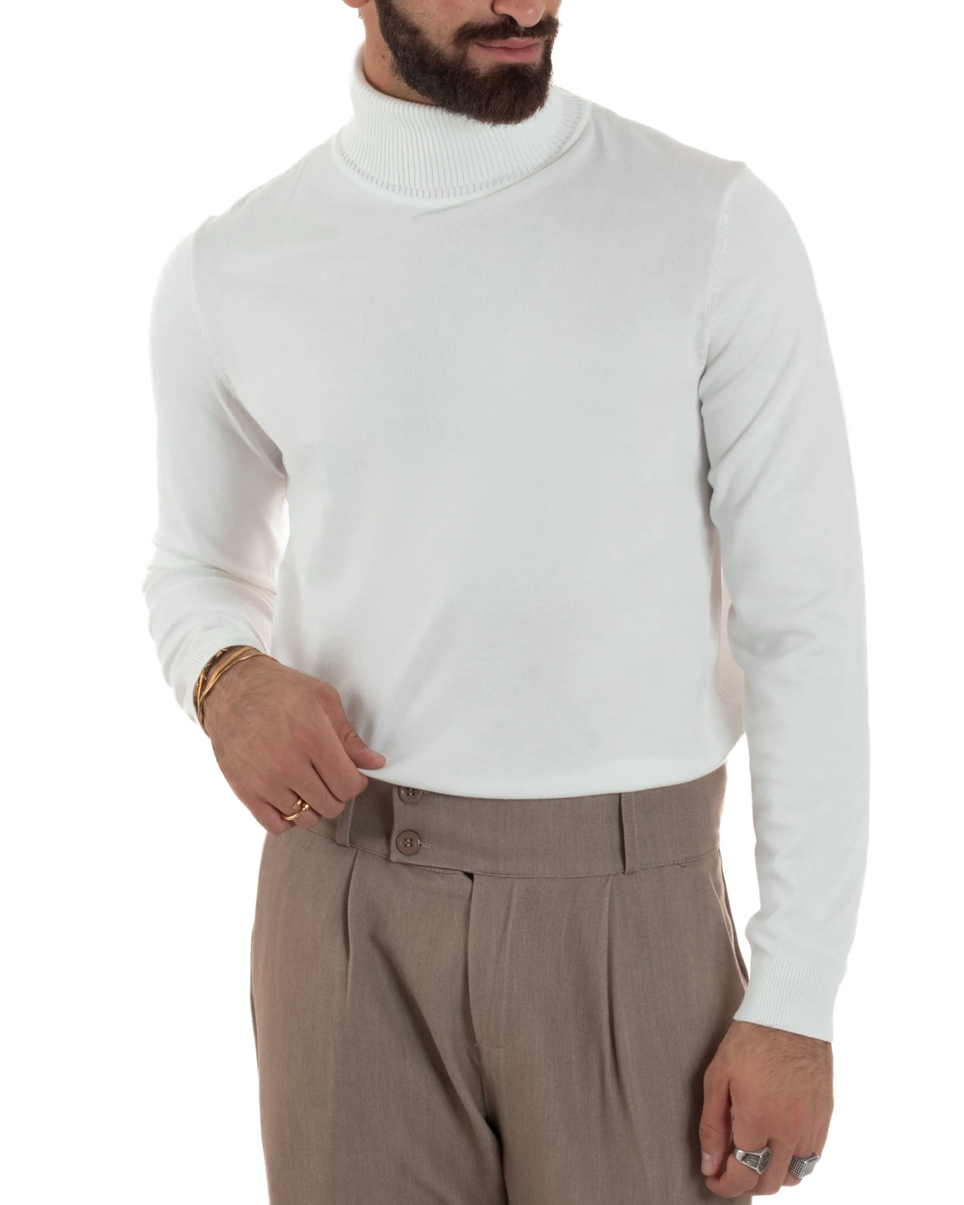 Maglioncino Uomo Collo Alto Maglia Rasata Dolcevita Basic Bianco M2550A