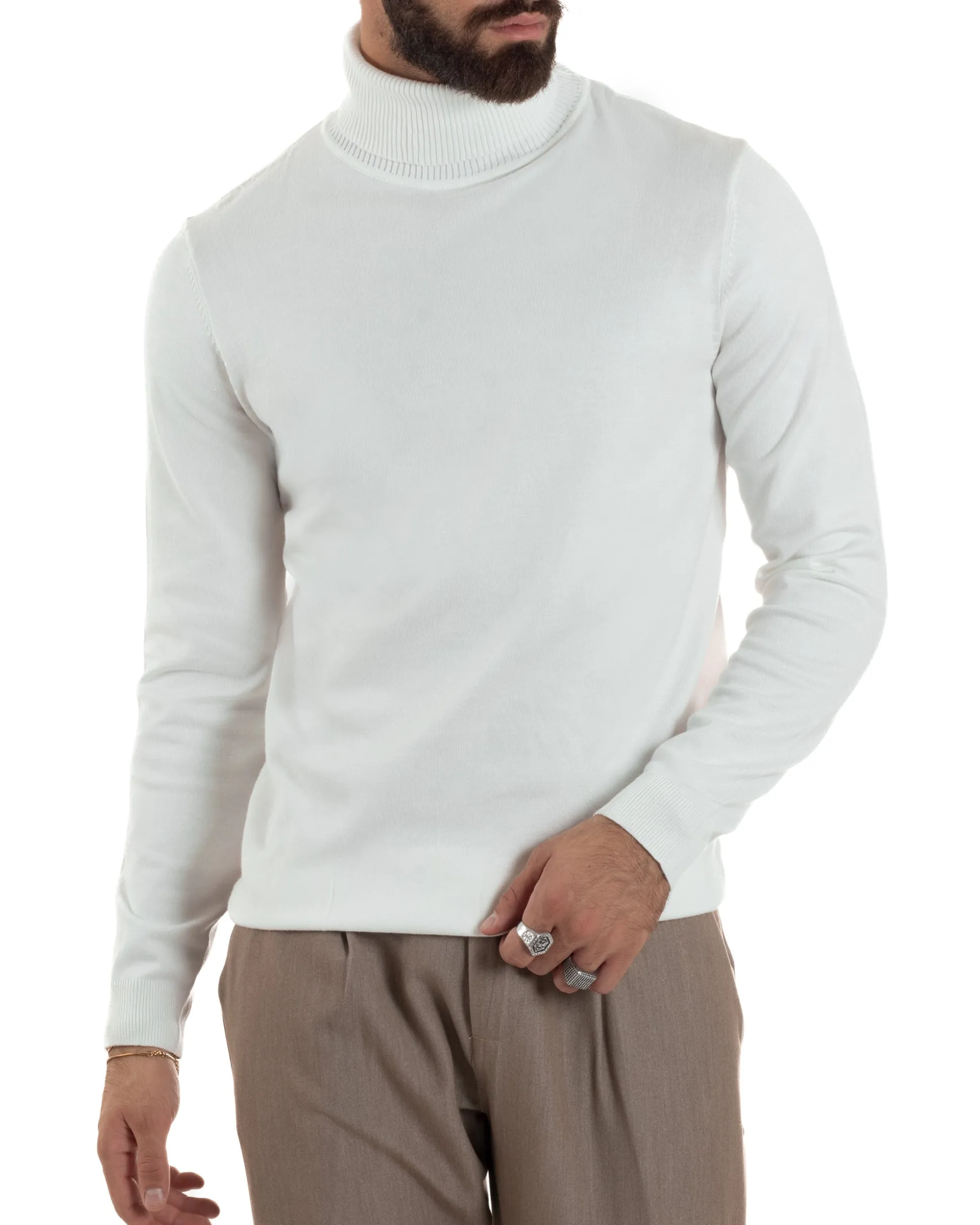Maglioncino Uomo Collo Alto Maglia Rasata Dolcevita Basic Bianco M2550A