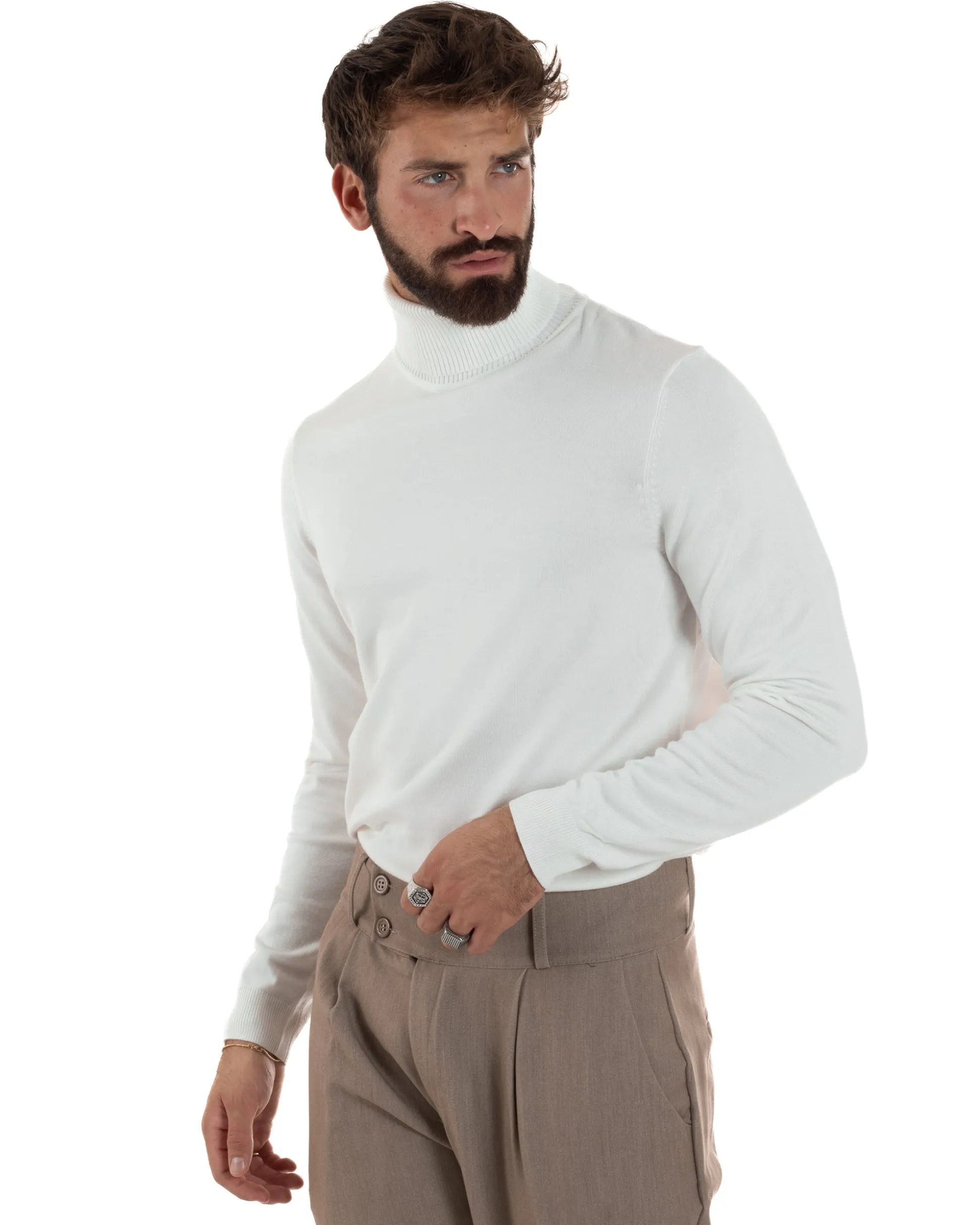 Maglioncino Uomo Collo Alto Maglia Rasata Dolcevita Basic Bianco M2550A