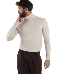 Maglioncino Uomo Collo Alto Maglia Rasata Dolcevita Basic Beige Melangiato M2542A