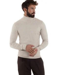 Maglioncino Uomo Collo Alto Maglia Rasata Dolcevita Basic Beige Melangiato M2542A