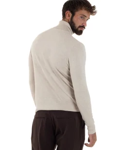Maglioncino Uomo Collo Alto Maglia Rasata Dolcevita Basic Beige Melangiato M2542A