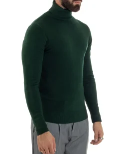 Maglioncino Uomo Collo Alto Maglia Rasata Dolcevita Basic Verde Bottiglia M2548A