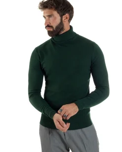 Maglioncino Uomo Collo Alto Maglia Rasata Dolcevita Basic Verde Bottiglia M2548A
