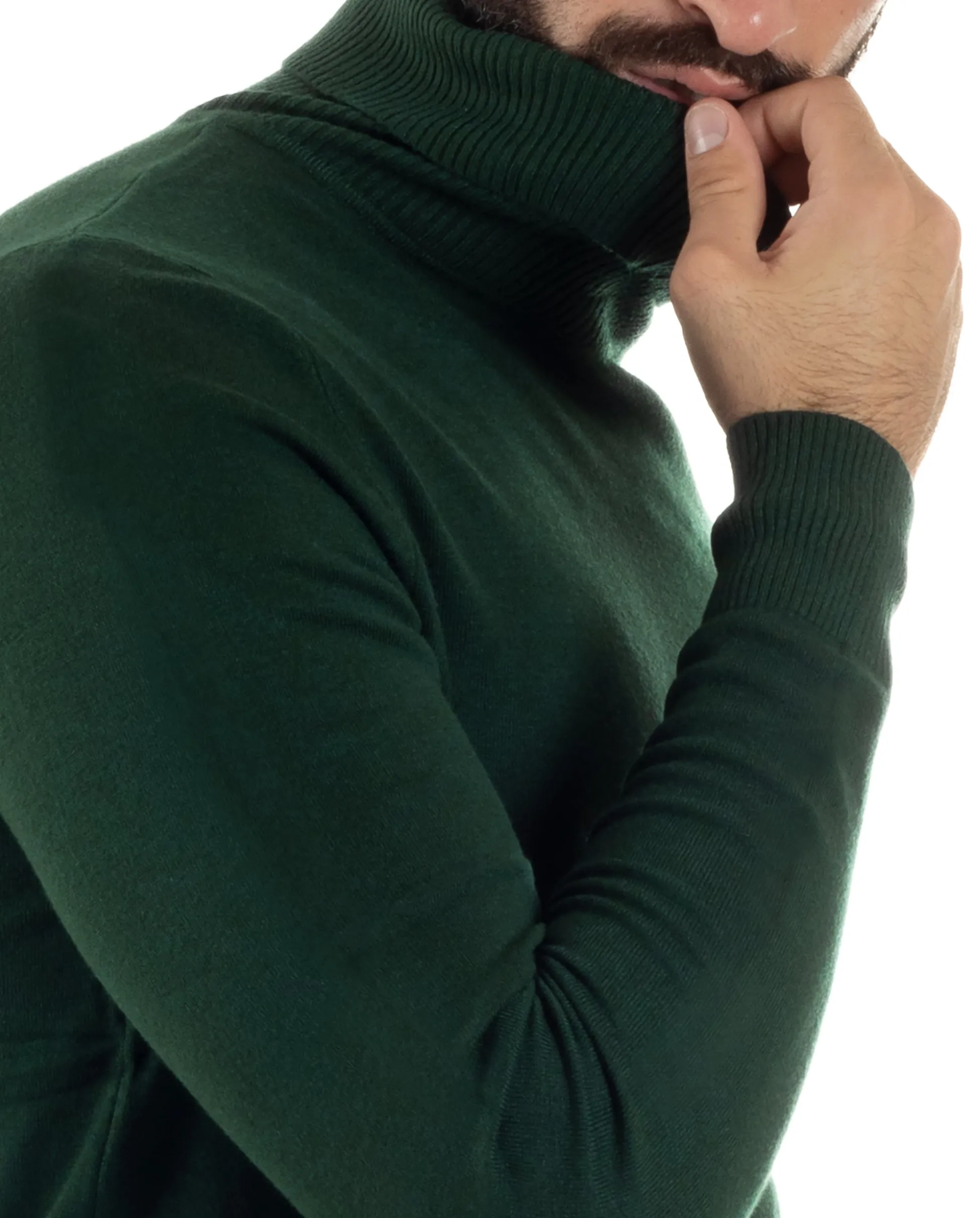 Maglioncino Uomo Collo Alto Maglia Rasata Dolcevita Basic Verde Bottiglia M2548A