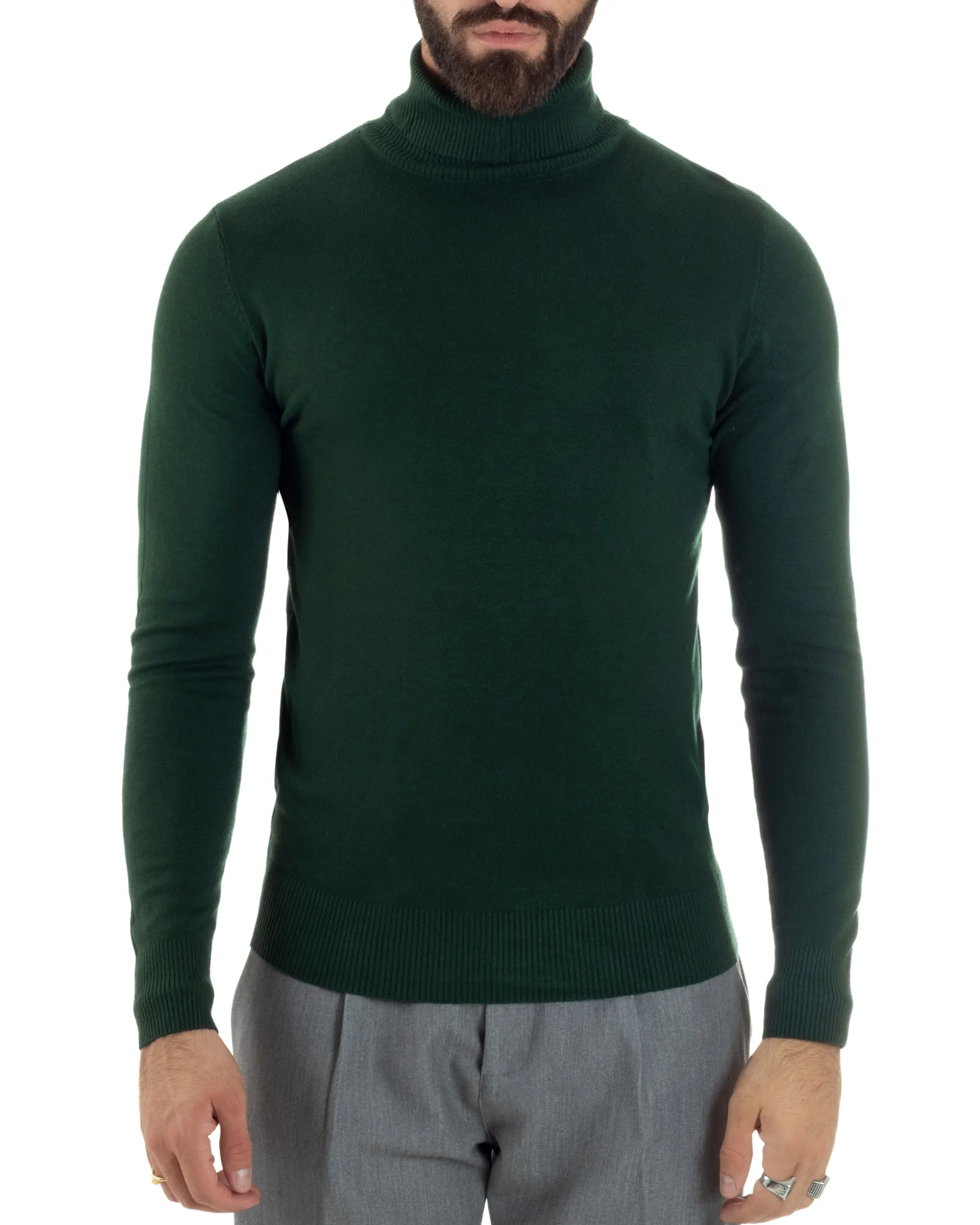 Maglioncino Uomo Collo Alto Maglia Rasata Dolcevita Basic Verde Bottiglia M2548A