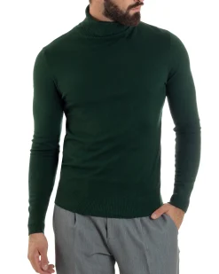 Maglioncino Uomo Collo Alto Maglia Rasata Dolcevita Basic Verde Bottiglia M2548A