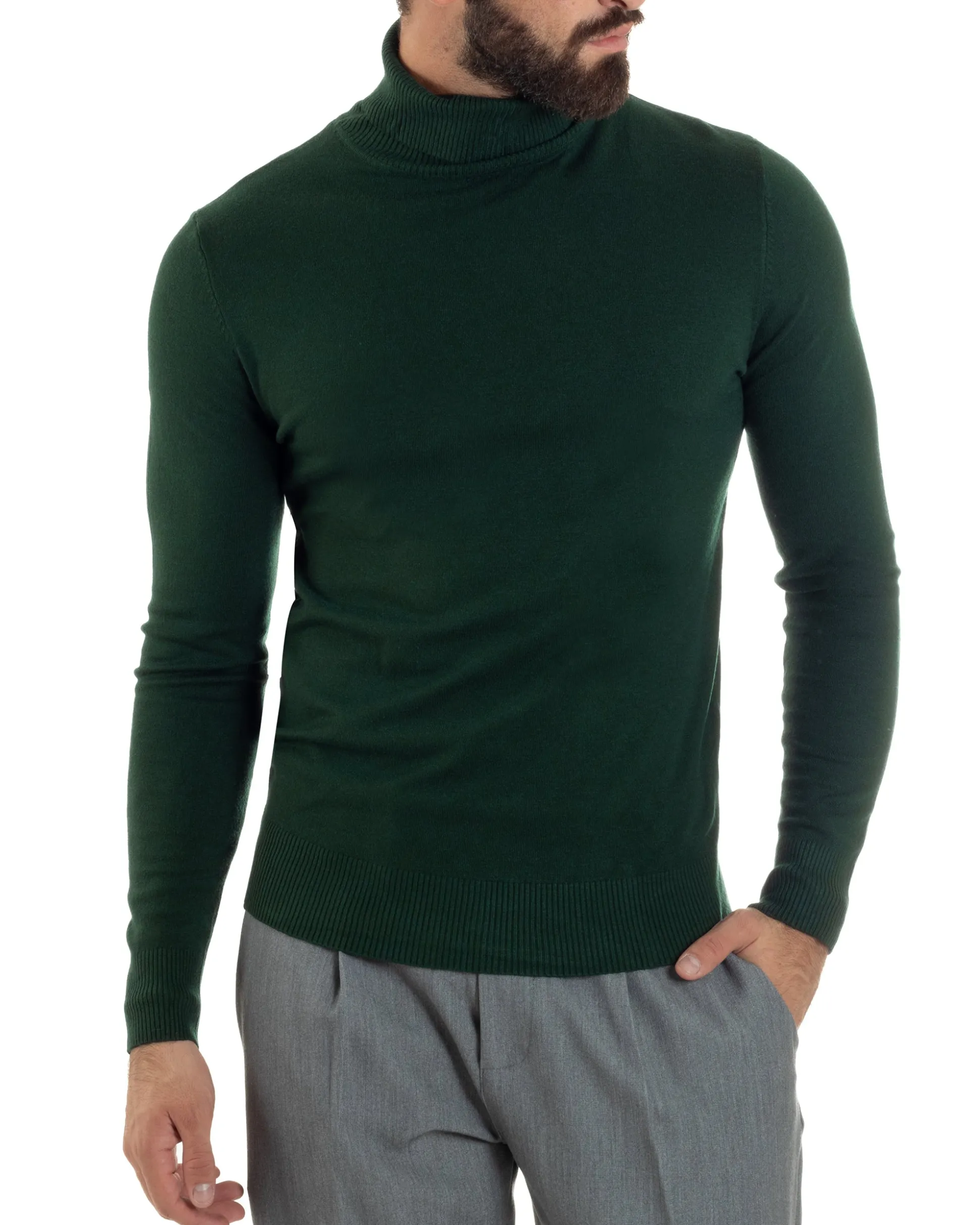 Maglioncino Uomo Collo Alto Maglia Rasata Dolcevita Basic Verde Bottiglia M2548A