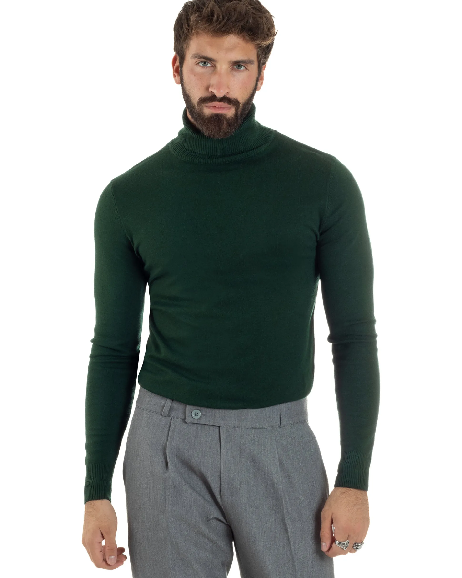 Maglioncino Uomo Collo Alto Maglia Rasata Dolcevita Basic Verde Bottiglia M2548A