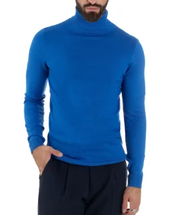 Maglioncino Uomo Collo Alto Maglia Rasata Dolcevita Basic Blu Royal M2547A