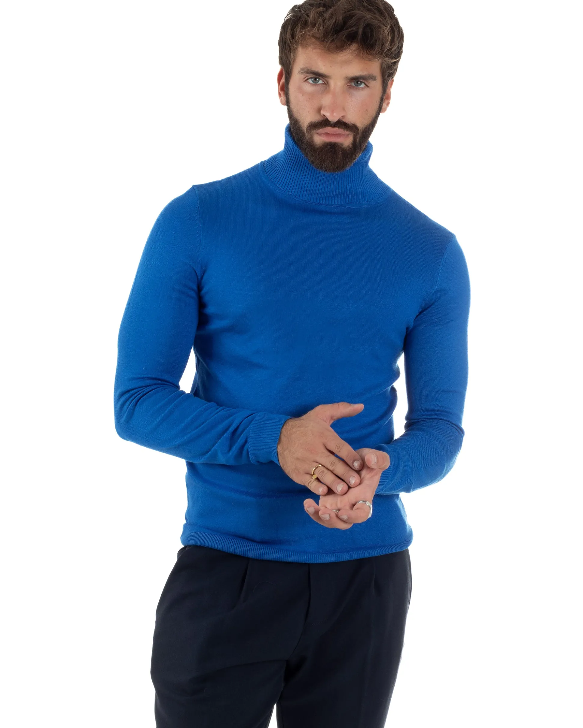 Maglioncino Uomo Collo Alto Maglia Rasata Dolcevita Basic Blu Royal M2547A