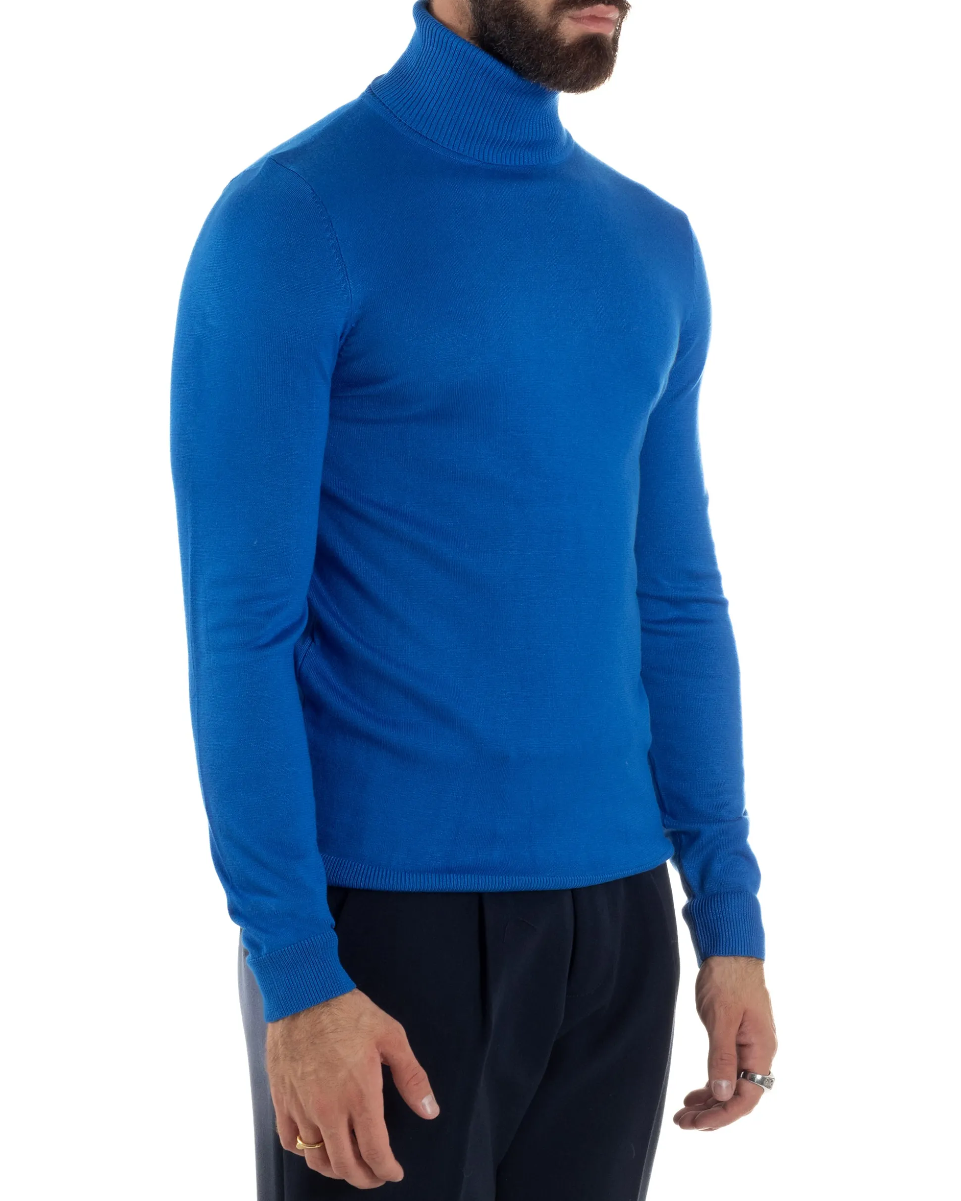 Maglioncino Uomo Collo Alto Maglia Rasata Dolcevita Basic Blu Royal M2547A