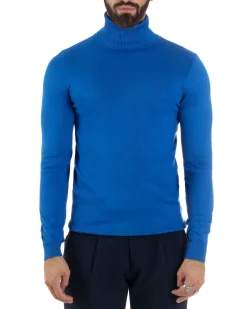 Maglioncino Uomo Collo Alto Maglia Rasata Dolcevita Basic Blu Royal M2547A