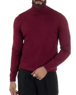 Maglioncino Uomo Collo Alto Maglia Rasata Dolcevita Basic Prugna M2545A