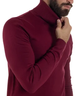 Maglioncino Uomo Collo Alto Maglia Rasata Dolcevita Basic Prugna M2545A