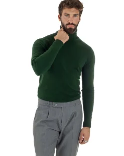 Maglioncino Uomo Collo Alto Maglia Rasata Dolcevita Basic Verde Militare M2551A