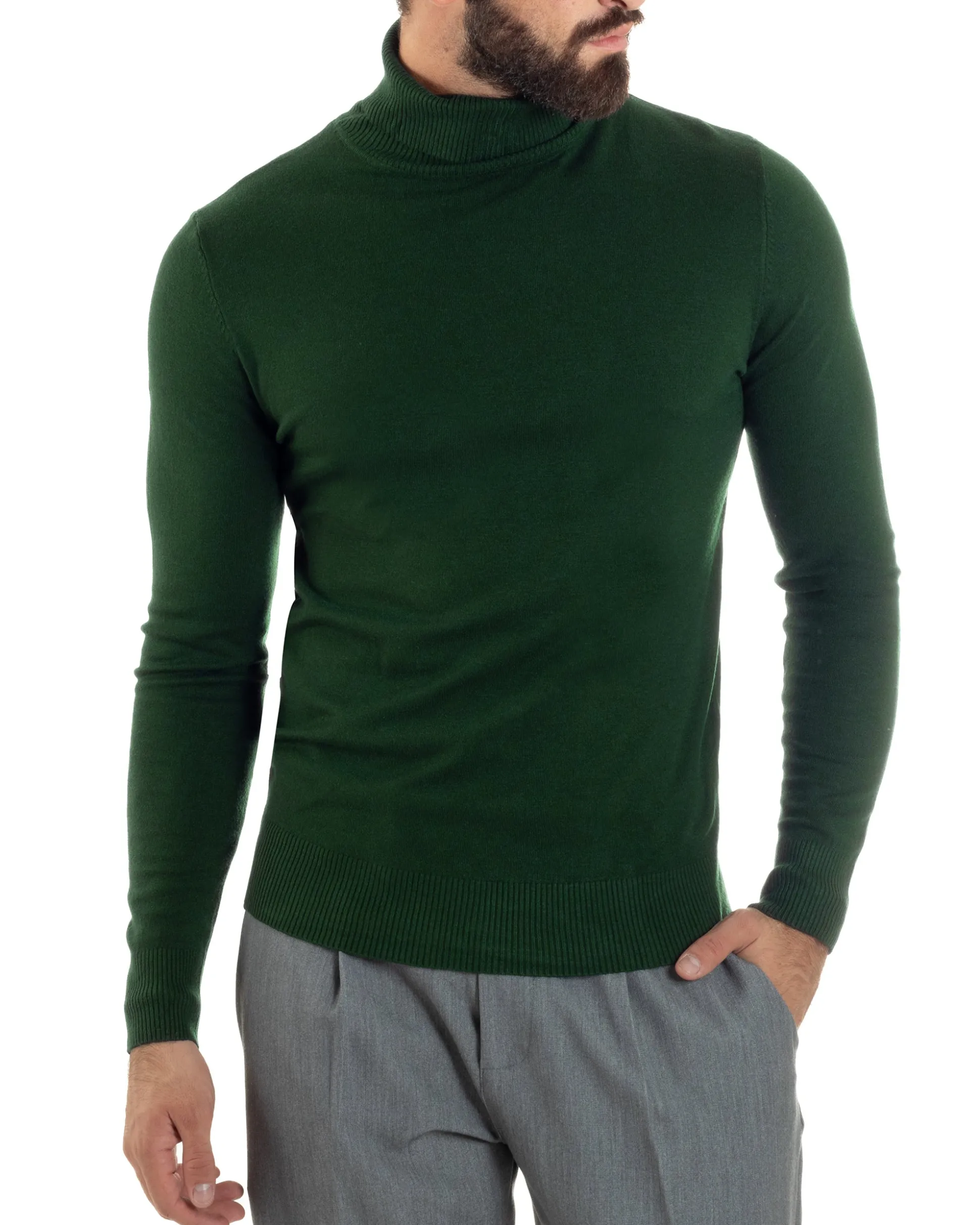 Maglioncino Uomo Collo Alto Maglia Rasata Dolcevita Basic Verde Militare M2551A