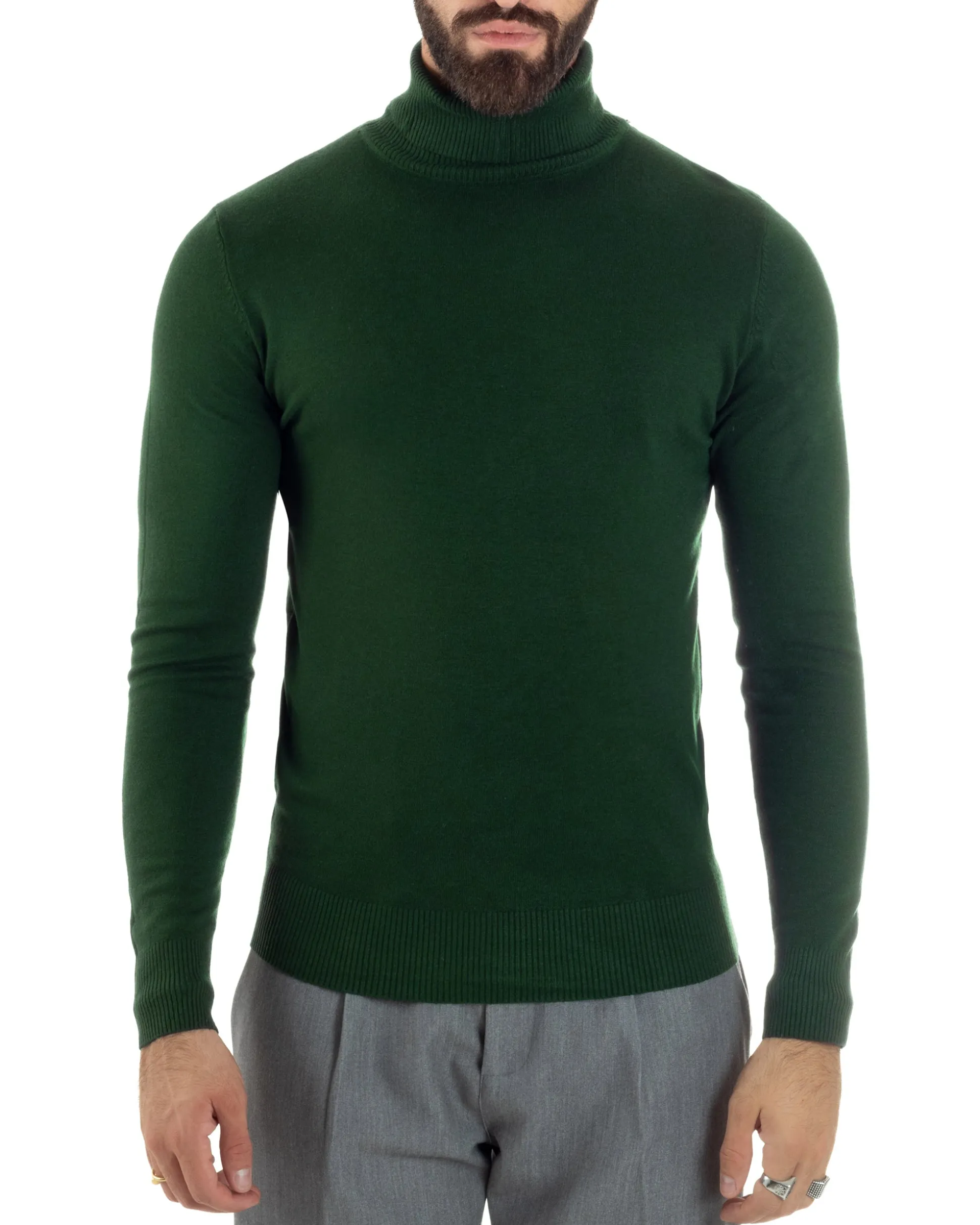Maglioncino Uomo Collo Alto Maglia Rasata Dolcevita Basic Verde Militare M2551A
