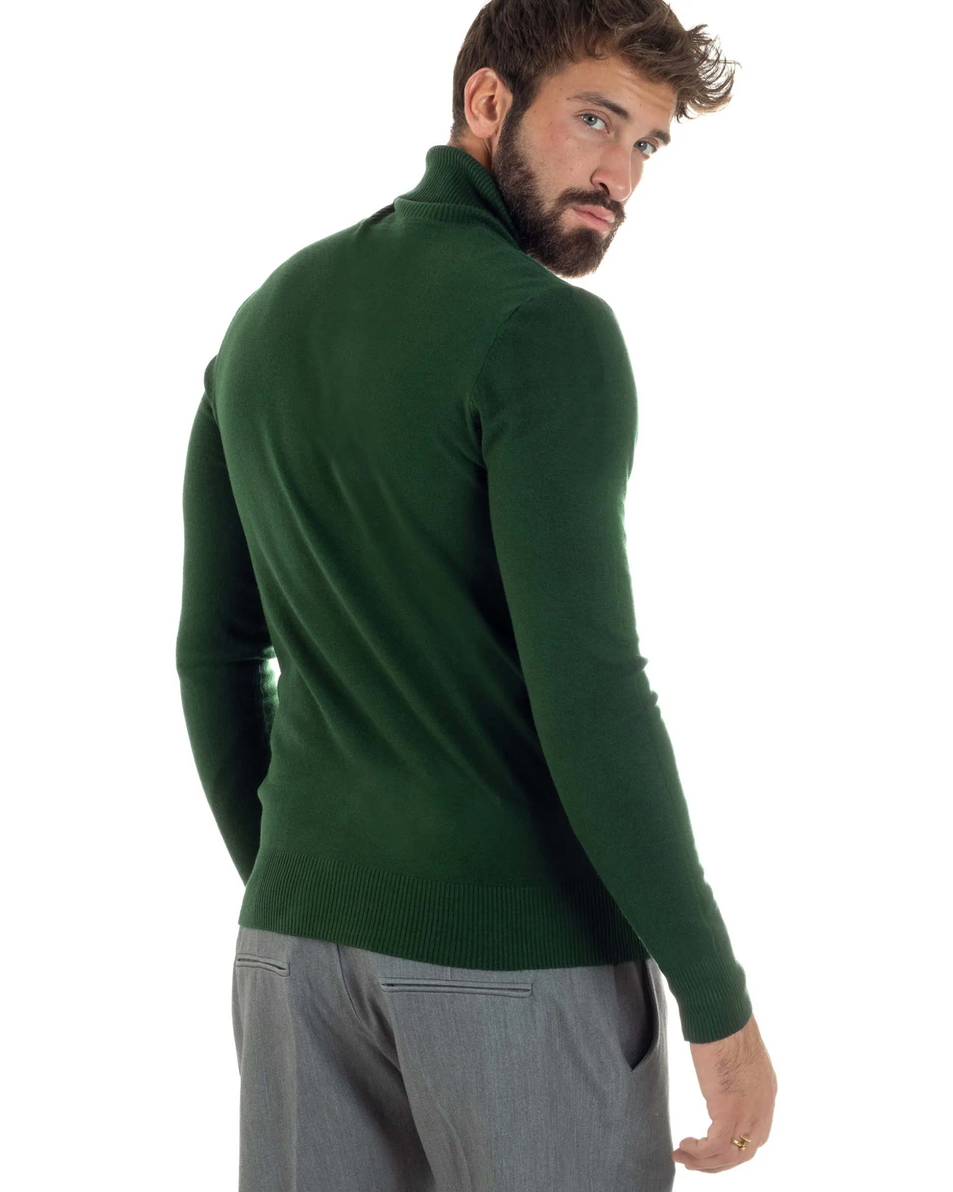 Maglioncino Uomo Collo Alto Maglia Rasata Dolcevita Basic Verde Militare M2551A
