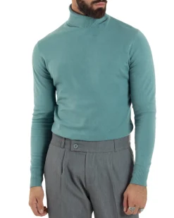 Maglioncino Uomo Collo Alto Maglia Rasata Dolcevita Basic Petrolio M2534A