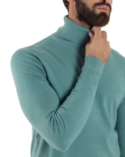 Maglioncino Uomo Collo Alto Maglia Rasata Dolcevita Basic Petrolio M2534A