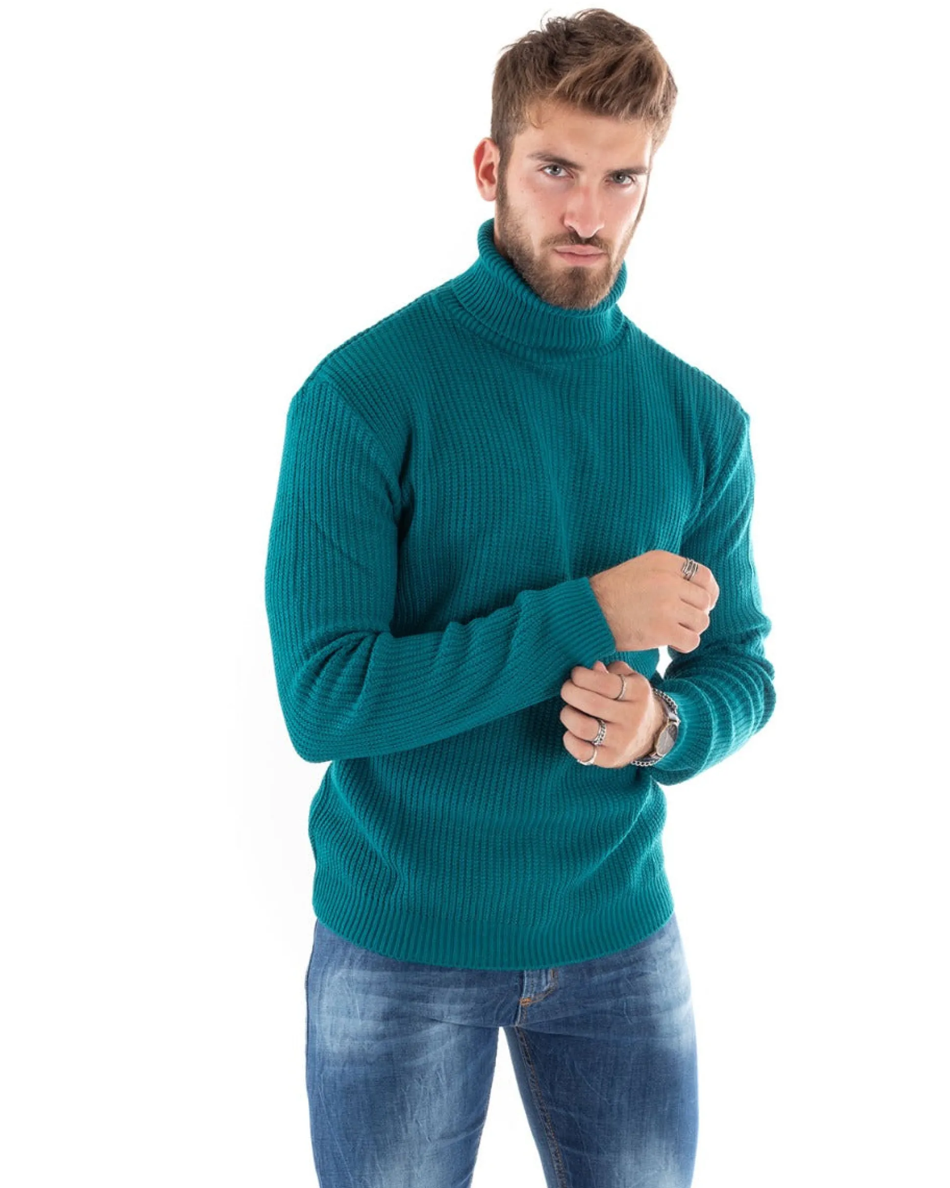 Maglioncino Uomo Collo Alto Maglia Inglese Dolcevita Basic Petrolio M2344A