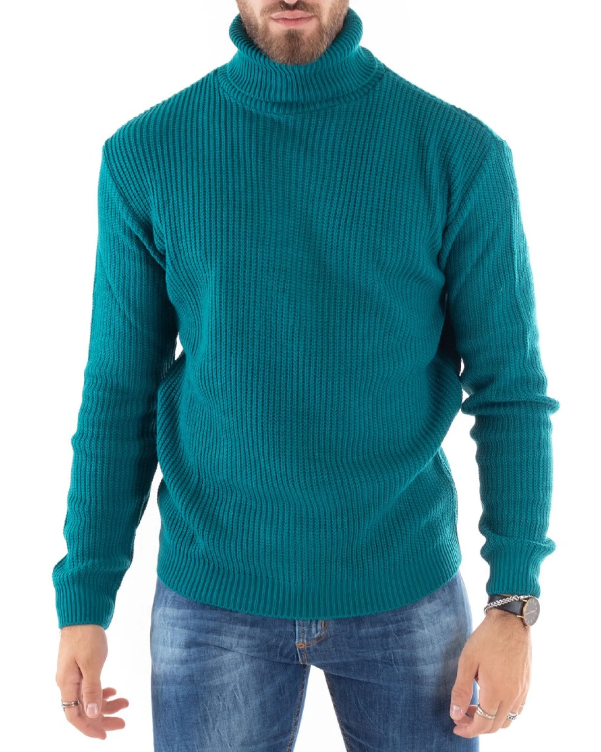 Maglioncino Uomo Collo Alto Maglia Inglese Dolcevita Basic Petrolio M2344A