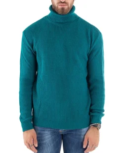 Maglioncino Uomo Collo Alto Maglia Inglese Dolcevita Basic Petrolio M2344A