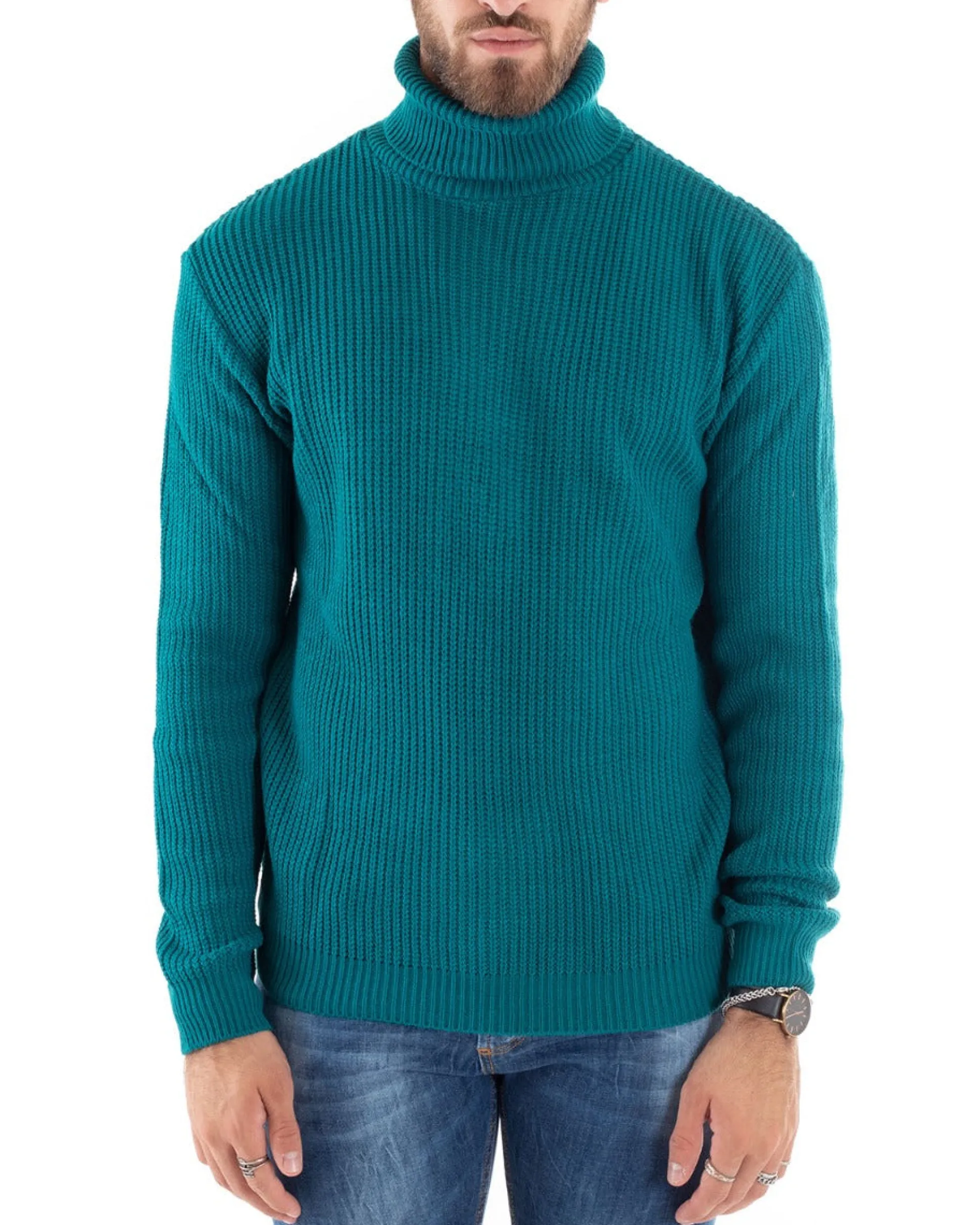 Maglioncino Uomo Collo Alto Maglia Inglese Dolcevita Basic Petrolio M2344A