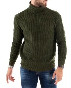 Maglioncino Uomo Collo Alto Maglia Inglese Dolcevita Basic Verde Militare M2355A