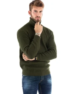 Maglioncino Uomo Collo Alto Maglia Inglese Dolcevita Basic Verde Militare M2355A