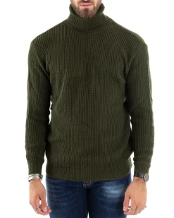 Maglioncino Uomo Collo Alto Maglia Inglese Dolcevita Basic Verde Militare M2355A