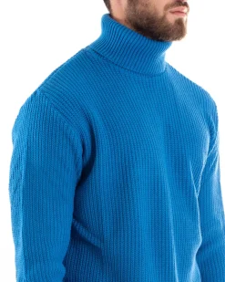 Maglioncino Uomo Collo Alto Maglia Inglese Dolcevita Basic Azzurro M2351A