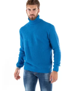 Maglioncino Uomo Collo Alto Maglia Inglese Dolcevita Basic Azzurro M2351A