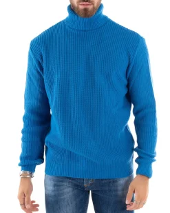 Maglioncino Uomo Collo Alto Maglia Inglese Dolcevita Basic Azzurro M2351A