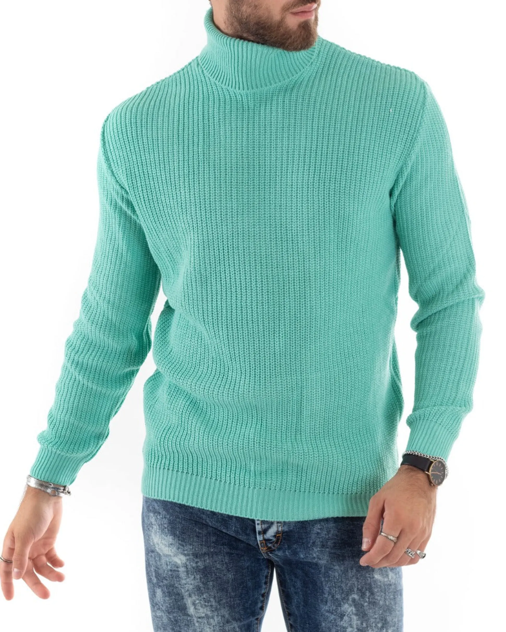 Maglioncino Uomo Collo Alto Maglia Inglese Dolcevita Basic Verde Acqua M2354A