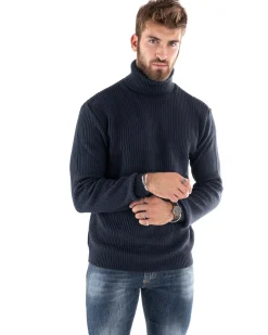 Maglioncino Uomo Collo Alto Maglia Inglese Dolcevita Basic Blu Scuro M2598A