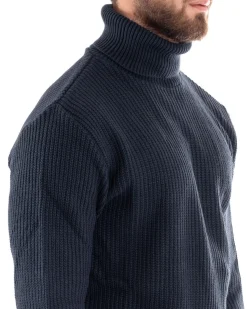 Maglioncino Uomo Collo Alto Maglia Inglese Dolcevita Basic Blu Scuro M2598A