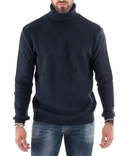 Maglioncino Uomo Collo Alto Maglia Inglese Dolcevita Basic Blu Scuro M2598A