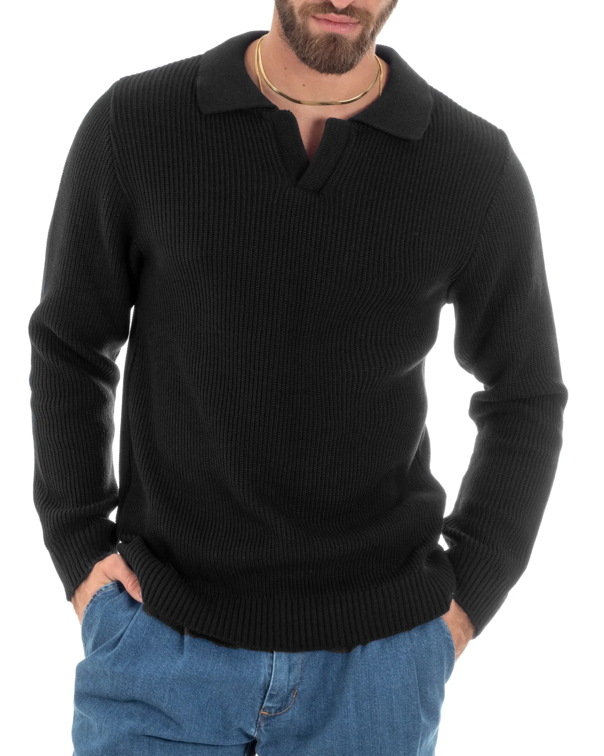 Maglioncino Uomo Con Colletto Maglia Inglese Scollo V Polo Derby Casual Basic Tinta Unita Nero GIOSAL-M2889A