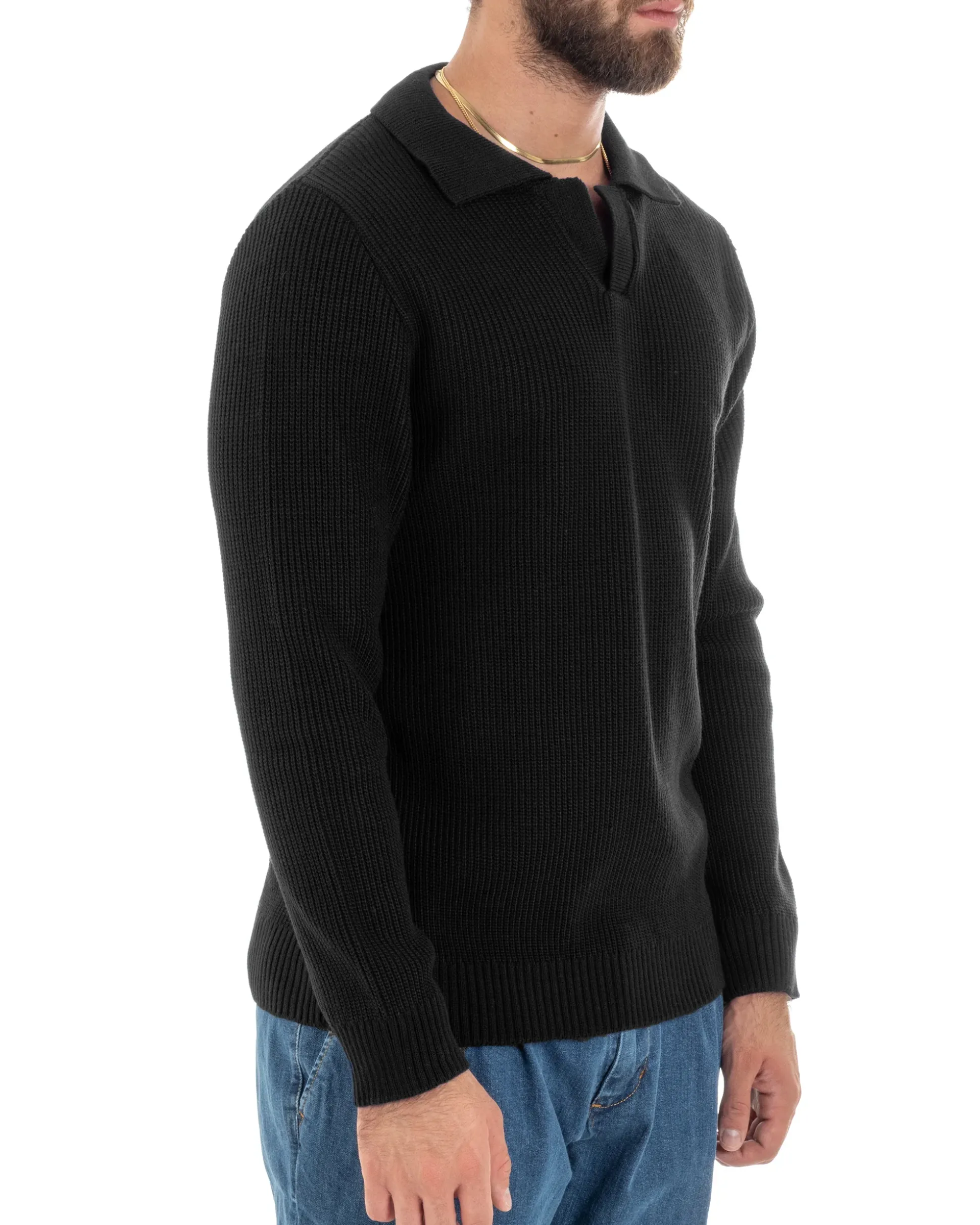 Maglioncino Uomo Con Colletto Maglia Inglese Scollo V Polo Derby Casual Basic Tinta Unita Nero GIOSAL-M2889A