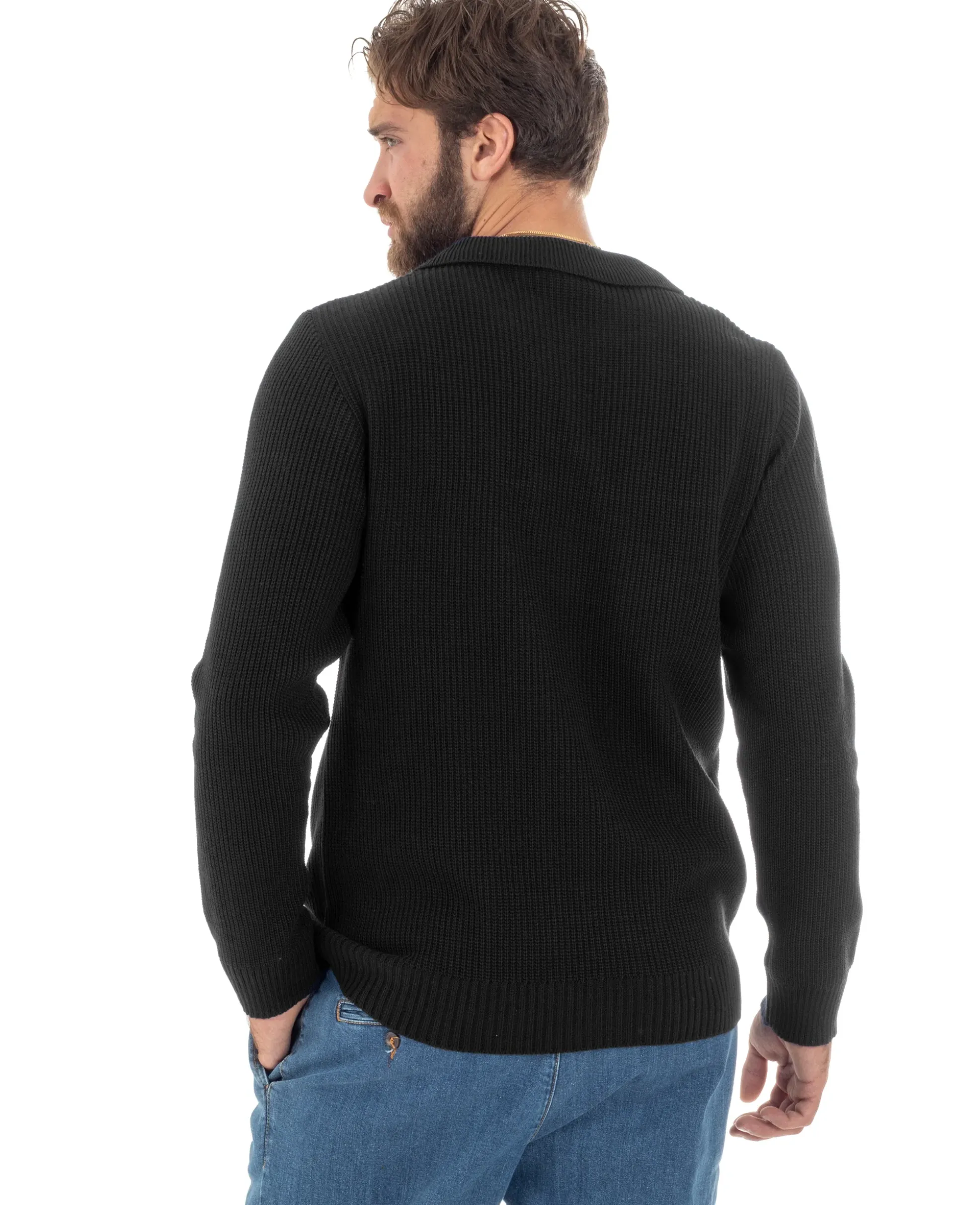 Maglioncino Uomo Con Colletto Maglia Inglese Scollo V Polo Derby Casual Basic Tinta Unita Nero GIOSAL-M2889A