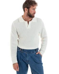 Maglioncino Uomo Con Colletto Maglia Inglese Scollo V Polo Derby Casual Basic Tinta Unita Panna GIOSAL-M2888A