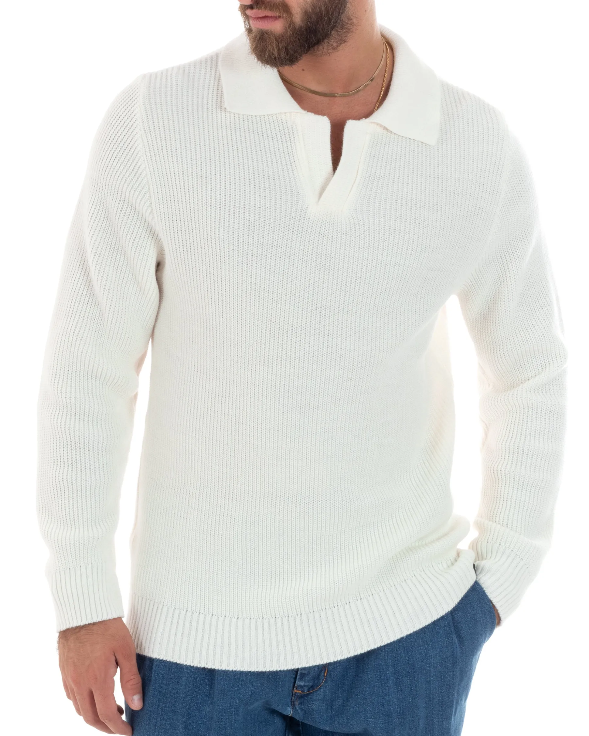 Maglioncino Uomo Con Colletto Maglia Inglese Scollo V Polo Derby Casual Basic Tinta Unita Panna GIOSAL-M2888A