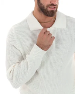 Maglioncino Uomo Con Colletto Maglia Inglese Scollo V Polo Derby Casual Basic Tinta Unita Panna GIOSAL-M2888A