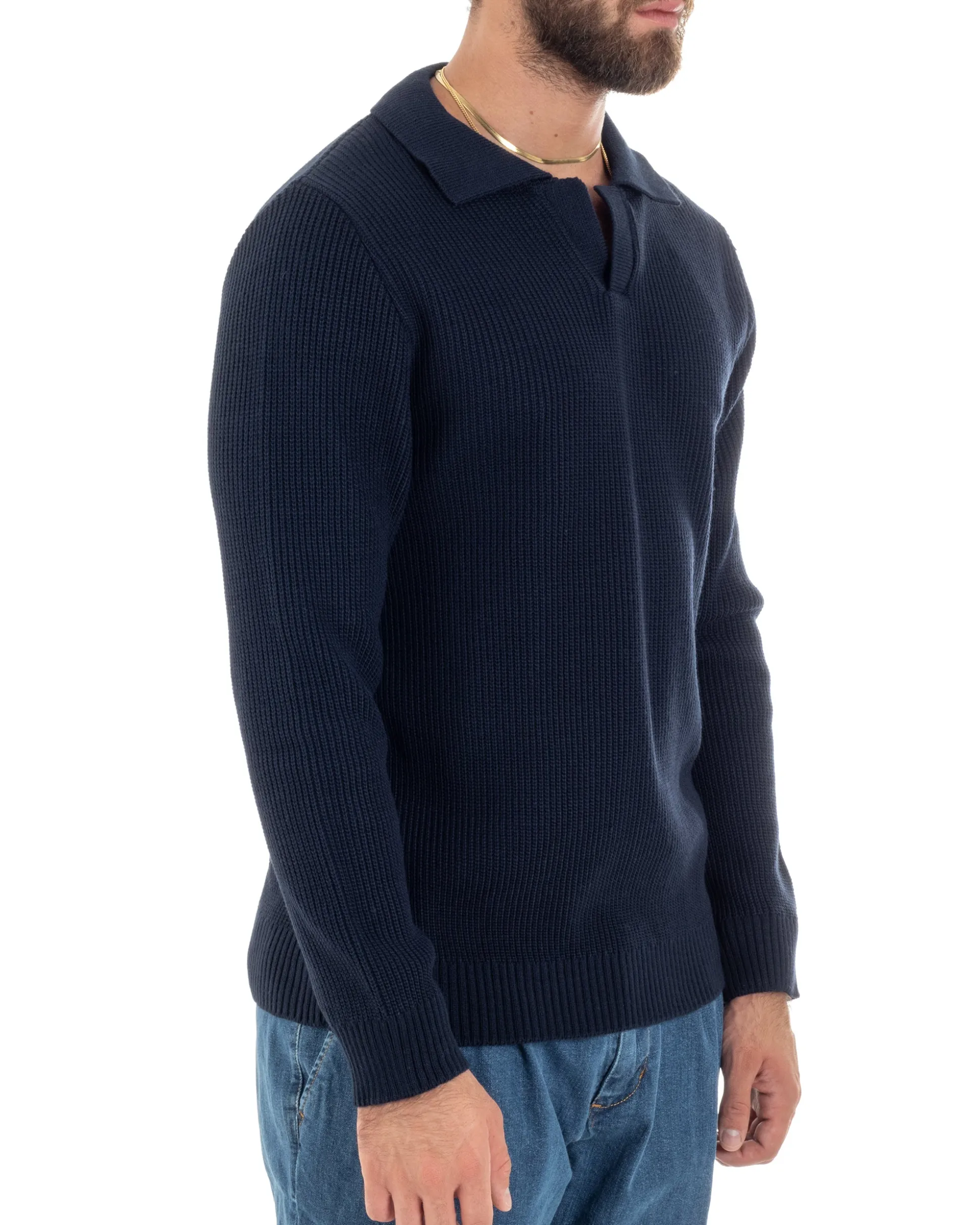 Maglioncino Uomo Con Colletto Maglia Inglese Scollo V Polo Derby Casual Basic Tinta Unita Blu GIOSAL-M2887A