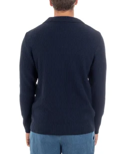 Maglioncino Uomo Con Colletto Maglia Inglese Scollo V Polo Derby Casual Basic Tinta Unita Blu GIOSAL-M2887A