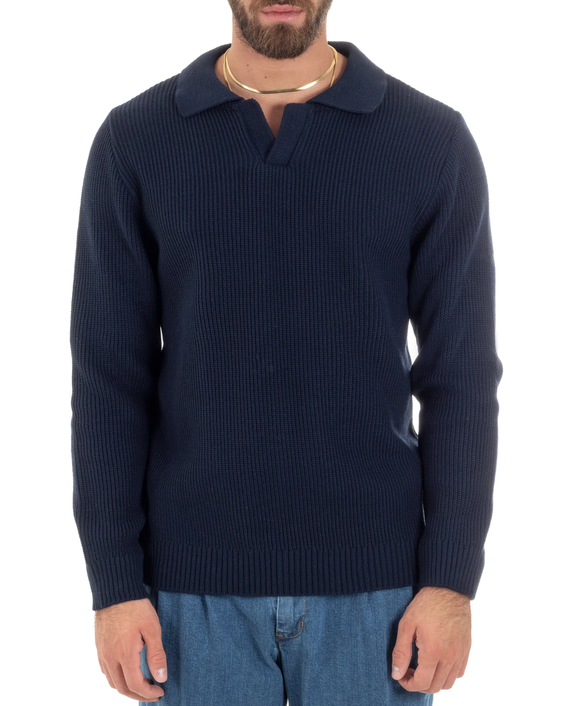 Maglioncino Uomo Con Colletto Maglia Inglese Scollo V Polo Derby Casual Basic Tinta Unita Blu GIOSAL-M2887A