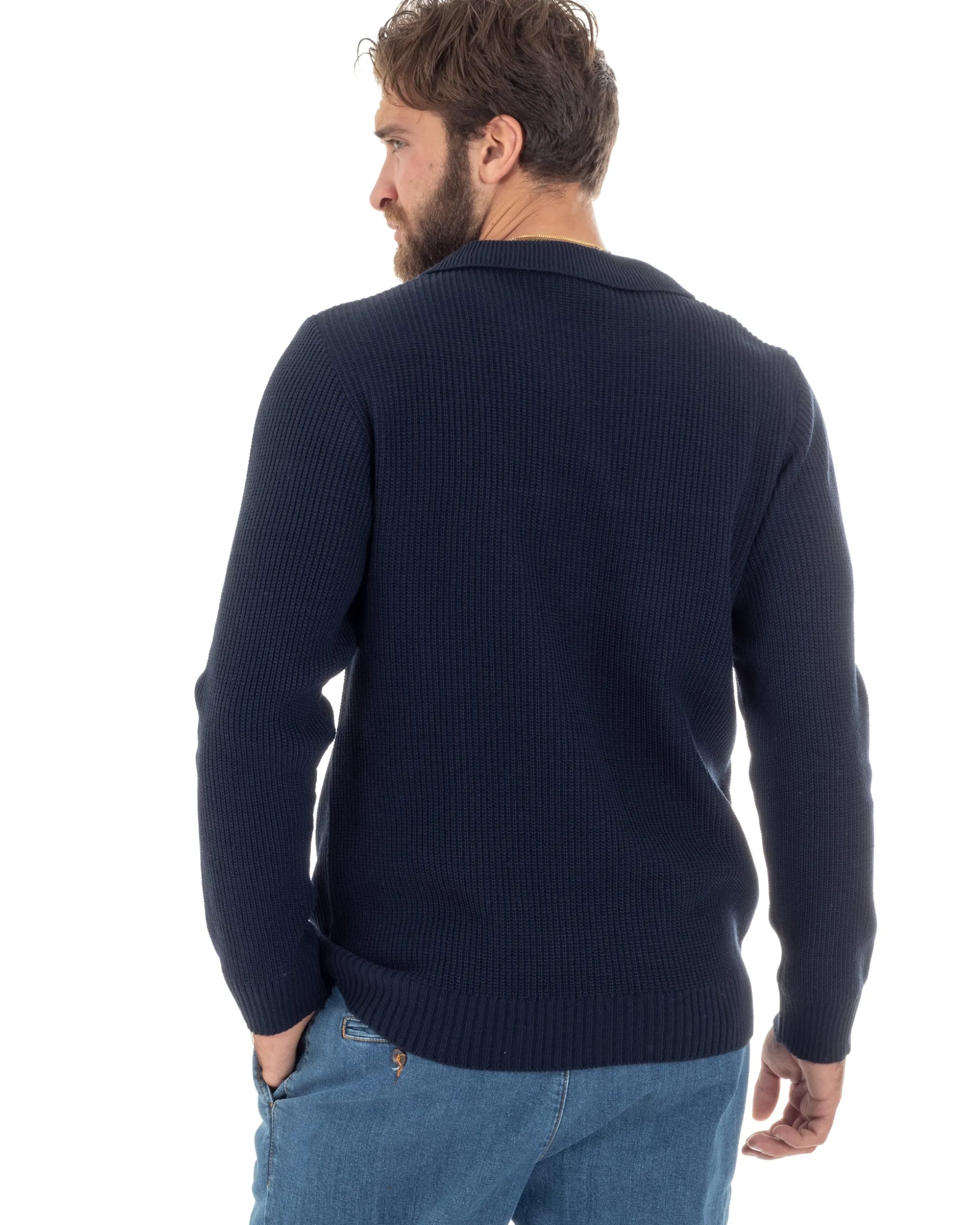 Maglioncino Uomo Con Colletto Maglia Inglese Scollo V Polo Derby Casual Basic Tinta Unita Blu GIOSAL-M2887A